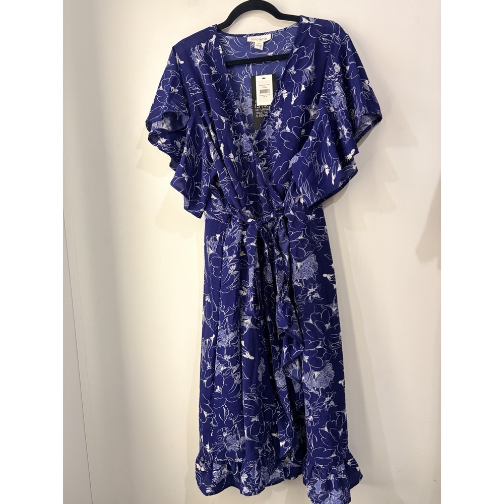 Loralette NWT Wrap Dress Size 20 Blue Floral Ruffle Maxi Midi Boho Tie Waist